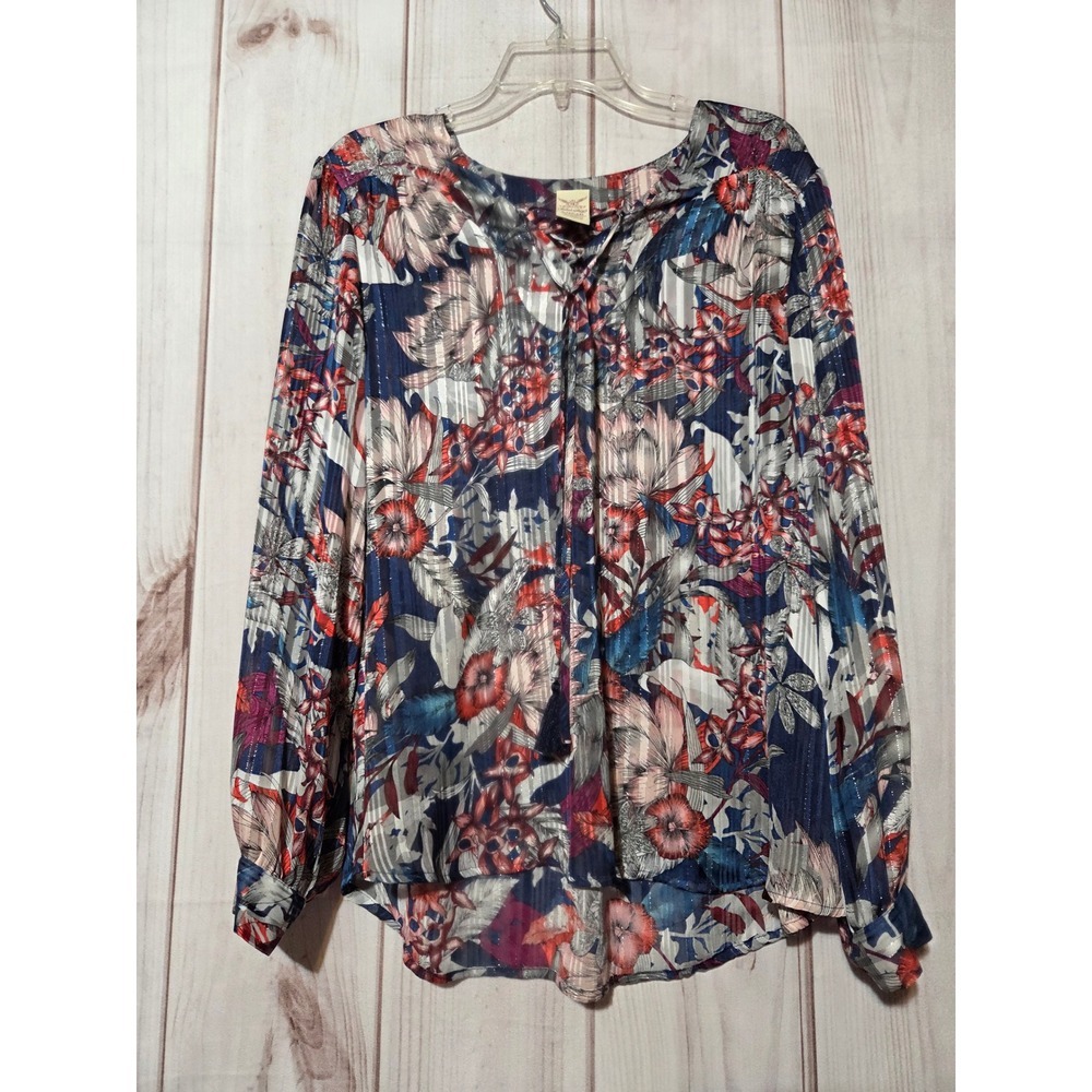 Faded Glory Women's Size L 12-14 Floral Print Long Sleeve Blouse Metallic Sheer